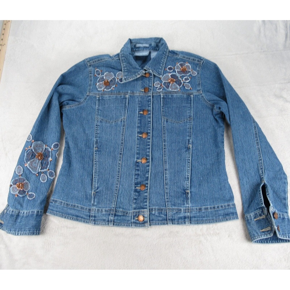 Blassport Denim Jacket Women Medium Blue Stretch Sequin Beaded Embroider Floral